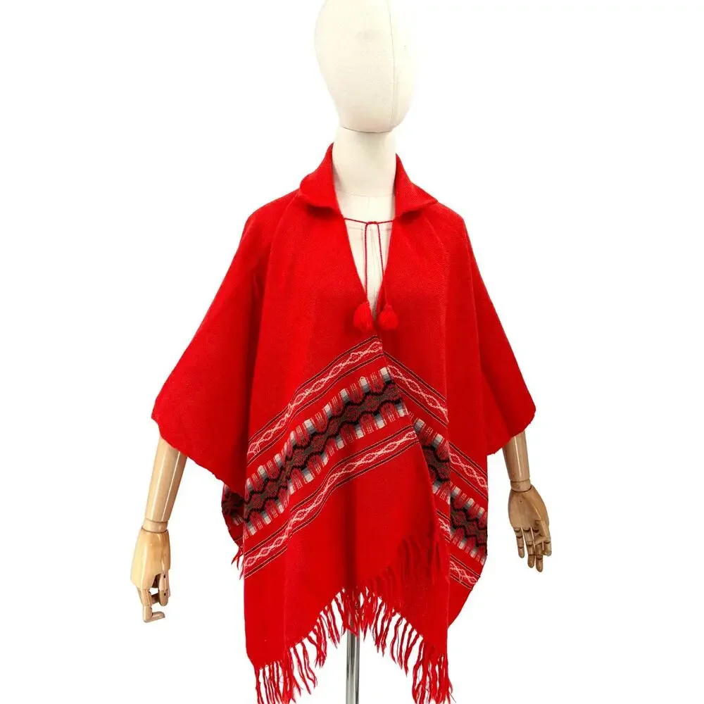 Vintage 70s South American Woven Red Fringe Poncho Ruana Cape